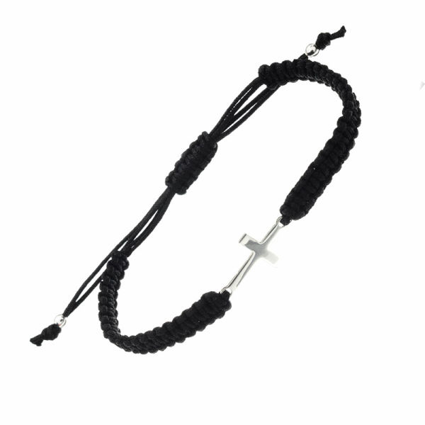 Cloth Bracelet with Silver Pendant - Cross (size adjustable) - 3 mm - With Silver Pearls