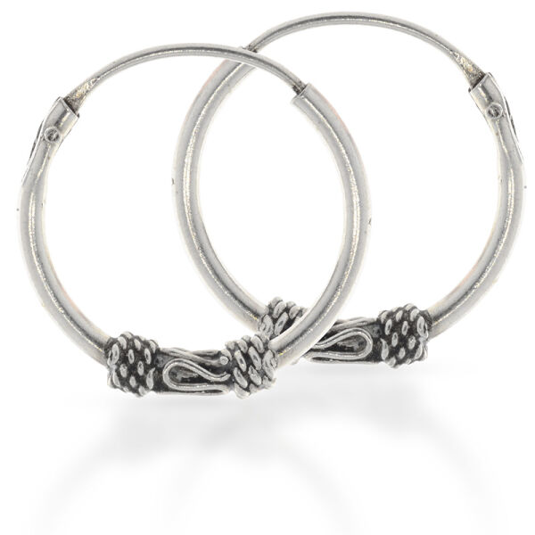 Bali Hoop Earrings in 925 Sterling Silver – Wave Motif and Rope Bands, 14 mm (Pair)
