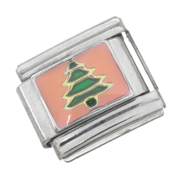 Stainless Steel Charm Link – Christmas Tree on Red Background