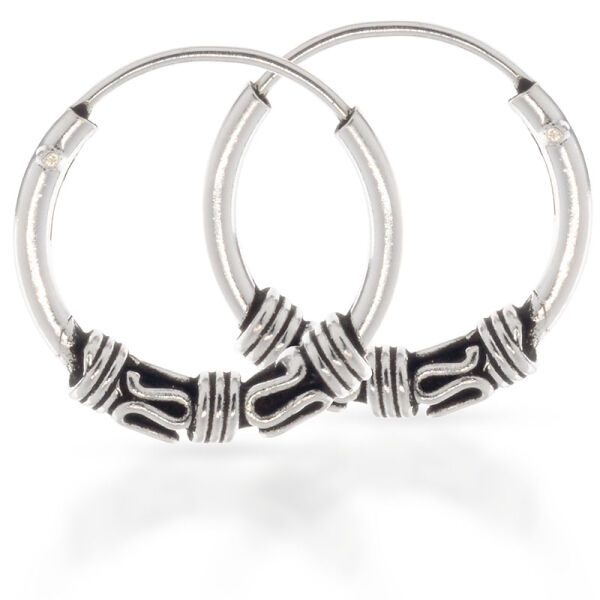 Bali Hoop Earrings in 925 Sterling Silver – Wave Motifs and Grooves, 12 mm (Pair)
