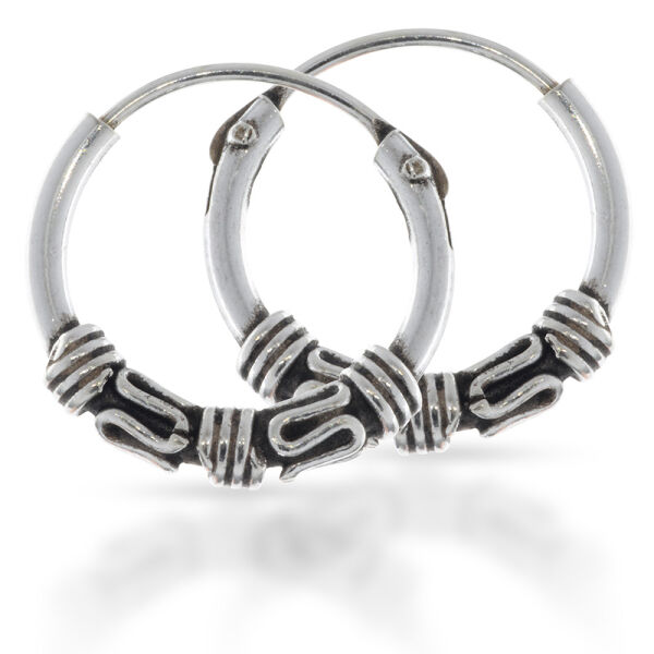 Bali Hoop Earrings in 925 Sterling Silver – Wave Motifs and Grooves, 12 mm, Model 2936 (Pair)