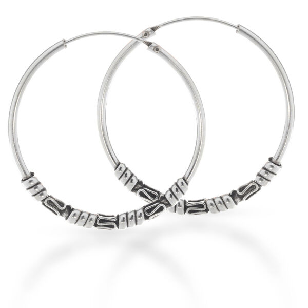 Bali Hoop Earrings in 925 Sterling Silver – Wave Pattern on the Lower Curve, 35 mm (Pair)