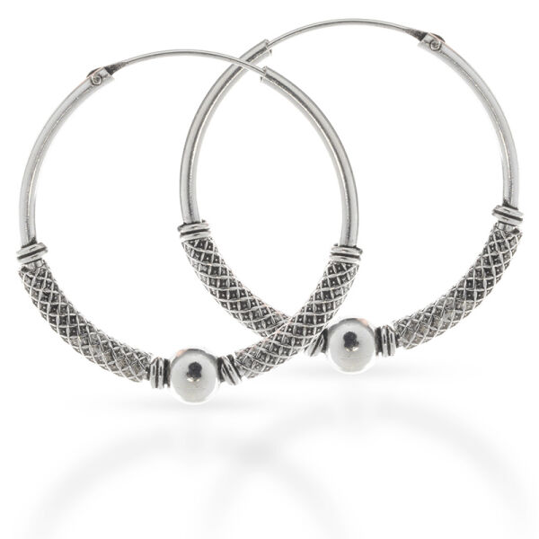 Bali Hoop Earrings in 925 Sterling Silver – Mesh Texture and Bead, 30 mm (Pair)