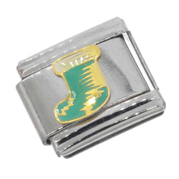 Stainless Steel Charm Link – Green Christmas Stocking with Pale Cuff