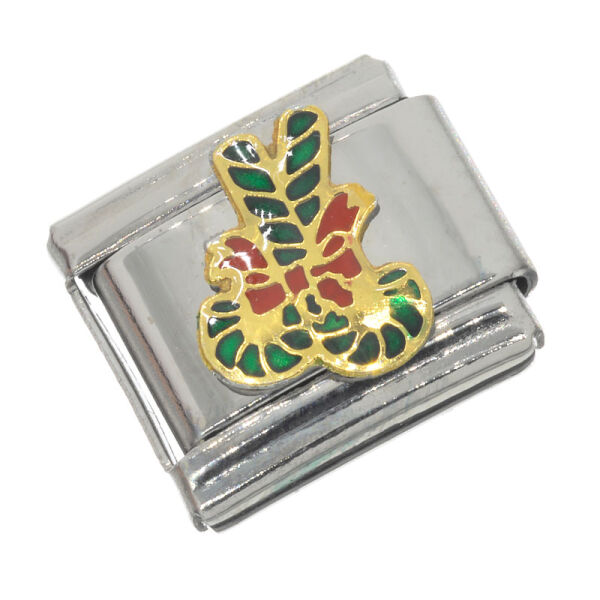 Stainless Steel Charm Link – Green Candy Canes with Red Bow