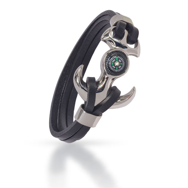 Lederarmband Schwarz - Anker aus Edelstahl mit Kompass