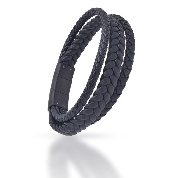 Echt Leder Armband - schwarz geflochtene Multi Bänder und schwarzen Edelstahl Elementen