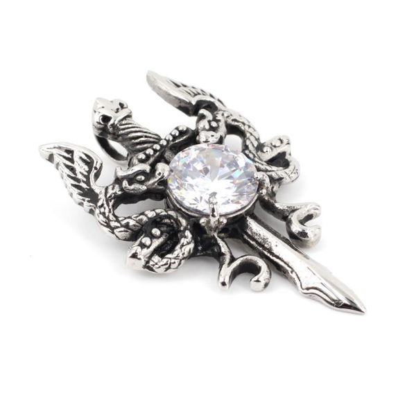 Stainless steel pendant sword - winged dragon with stone