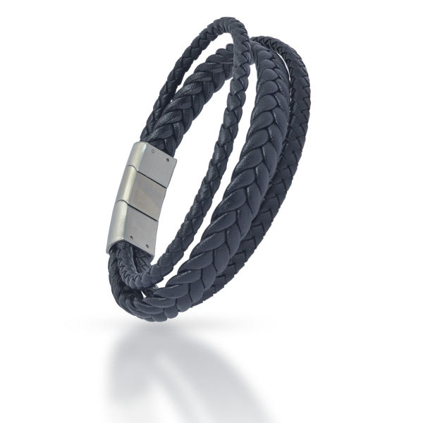 Genuine leather bracelet - black - braided leather straps with stainless steel clasp Schwarz