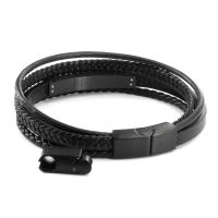 Genuine Leather Bracelet - Brown Braided Multibands with Black Engraving Plate