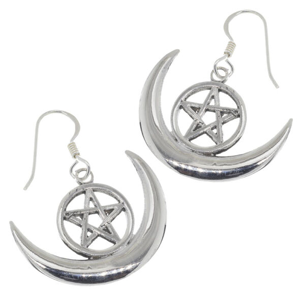 925 Sterling Silver Drop Earrings – Crescent with Pentagram in a Circle