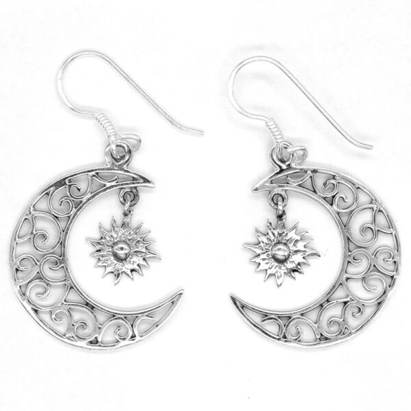 925 Sterling Silver Drop Earrings – Moon & Star Ornamental Crescent with Radiant Star