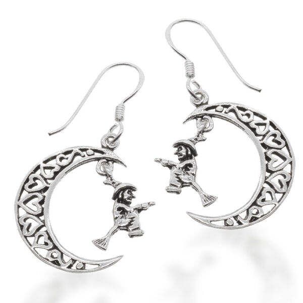 925 Sterling Silber Ohrhänger - Mond mit Hexe