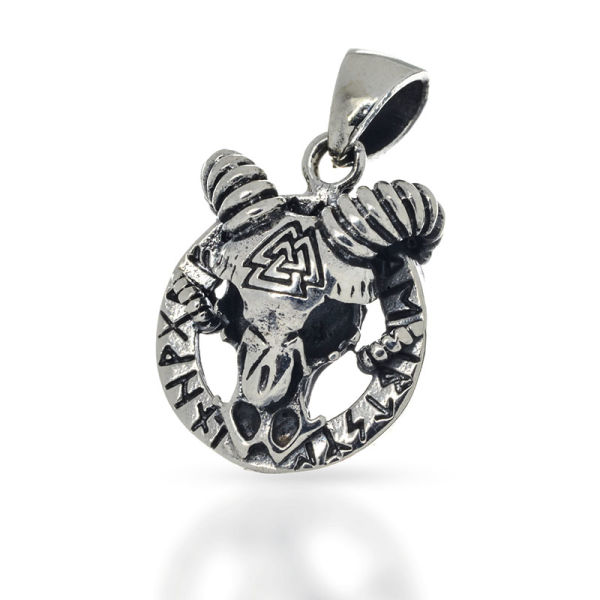 925 Sterling Silberanhänger - Steinbock mit Valknut auf Runenring