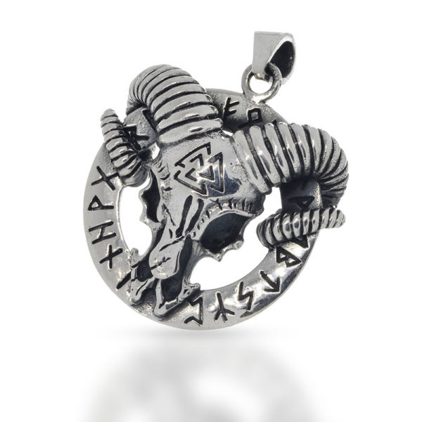 925 Sterling Silberanhänger - Steinbock mit Valknut auf Runenring