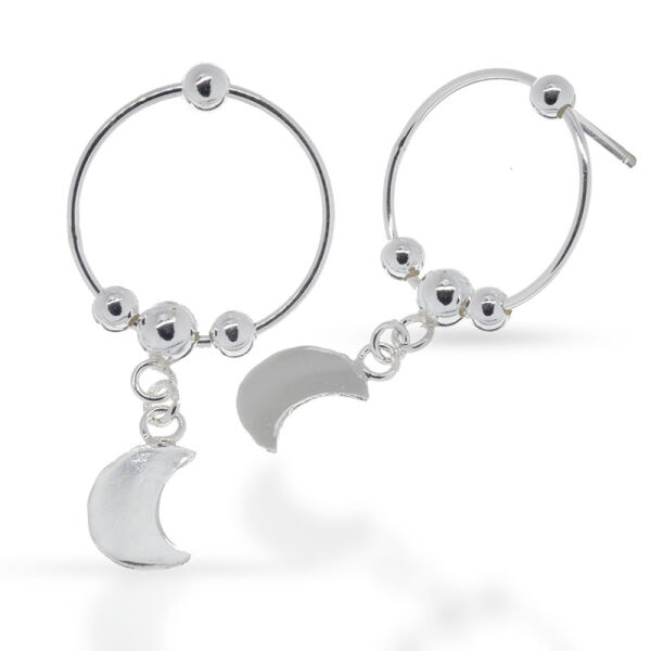 925 Sterling Silver Hoop Earrings – Hoops with Bead Details and Crescent Moon