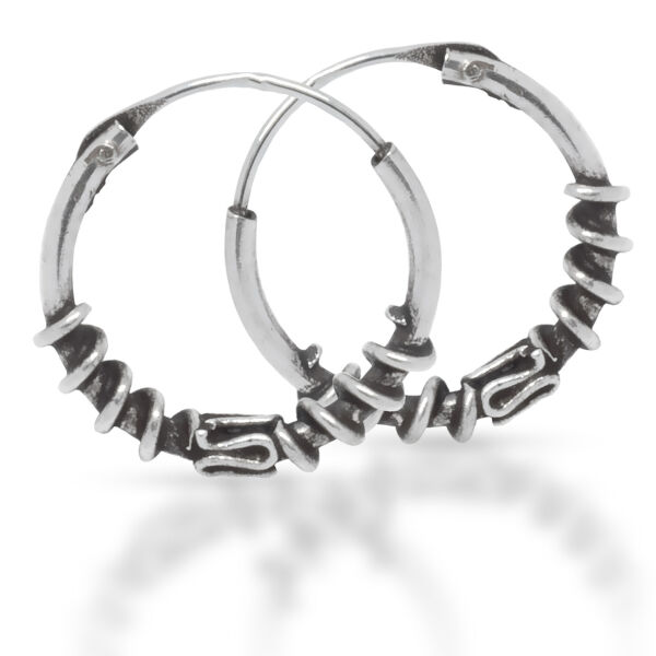 Bali Hoop Earrings in 925 Sterling Silver – Wave Motif and Angular Segments, 14 mm (Pair)