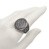 Edelstahlring - Siegelring - Vegvisir im Runenkreis und seitlichem Valknut 60 (19,1 Ø) 09 US