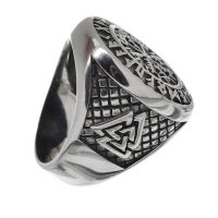 Edelstahlring - Siegelring - Vegvisir im Runenkreis und seitlichem Valknut 55 (17,5 Ø) 07 US