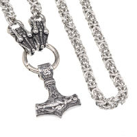 Stainless steel chain - dragon heads with stainless steel Thors hammer pendant - Polished