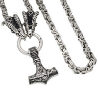 Stainless steel chain - Capricorn heads with stainless steel pendant Thors hammer - Polished
