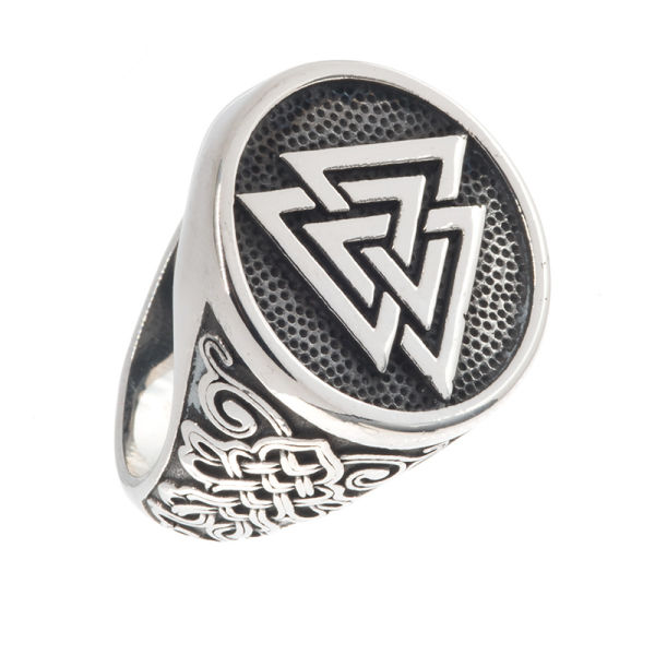 Stainless Steel Ring - Valknut with Pattern