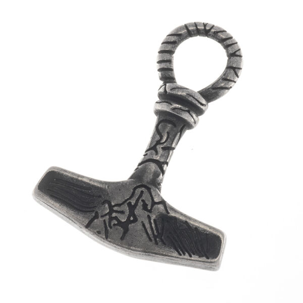 Edelstahlanhänger – Thors Hammer mit gedrehtem Ring und Vogelmotiv