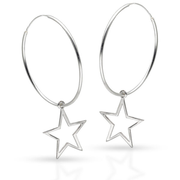 925 Sterling Silver Hoop Earrings – Large Hoops with Open Star Charm