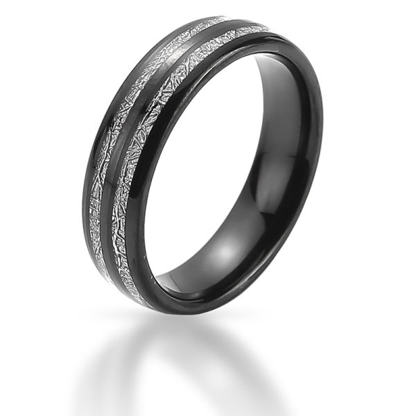 Tungsten Ring 6 mm - PVD-Black - with two Stripes - 55 (17,5 Ø) 07 US