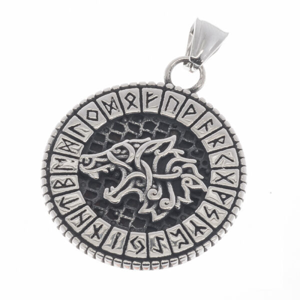 Edelstahlanhänger - Bruellender Wolf In Runenkreis