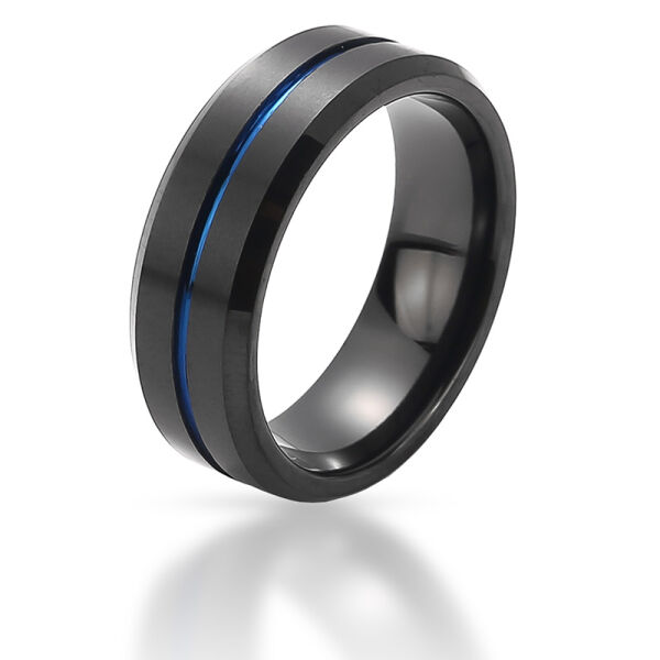 Wolframring - Schwarz mattiert mit blauem Streifen 59 (18,8 Ø) 8,75 US