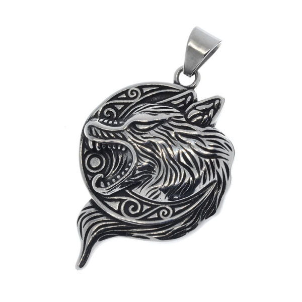 Edelstahlanhänger - Halbmond Mit Wolfskopf