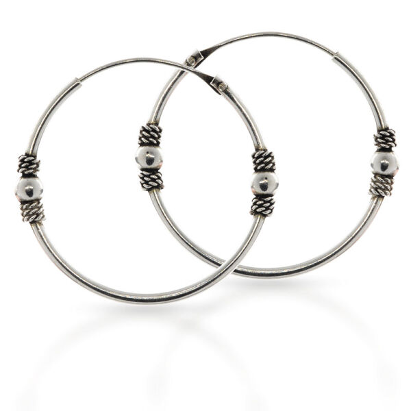 Bali Hoop Earrings in 925 Sterling Silver – Side Beads and Braided Rings (Pair)