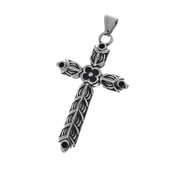 Edelstahlanhänger - Kreuz mit Ornamenten und Blume