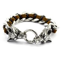 Leather bracelet brown with stainless steel - wolf head