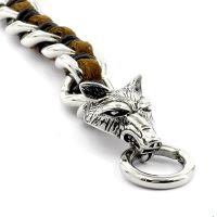 Leather bracelet brown with stainless steel - wolf head
