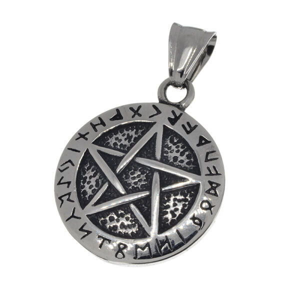 Stainless steel pendant - pentagram with a runes decorated edge