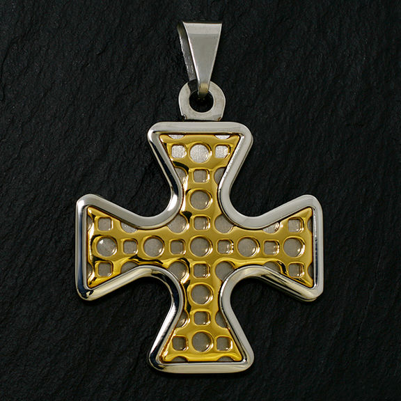 Edelstahlanhänger - Kreuz mit Gittermuster Verzierung  PVD Gold