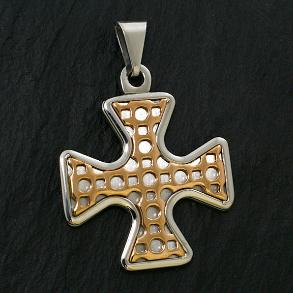 Edelstahlanhänger - Kreuz mit Gittermuster Verzierung  PVD Roségold