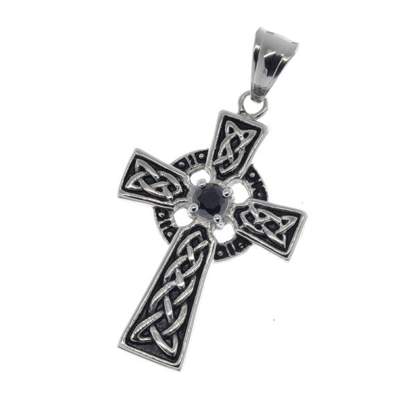 Stainless steel pendant - Celtic cross with glass stone Black stone