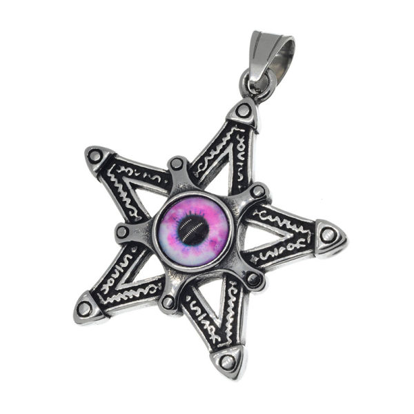 Edelstahlanhänger - Pentagramm mit Farbigen Dämonenauge Pink