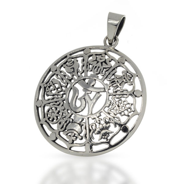 925 Sterling Silberanhänger Om mit 8 Glückssymbolen