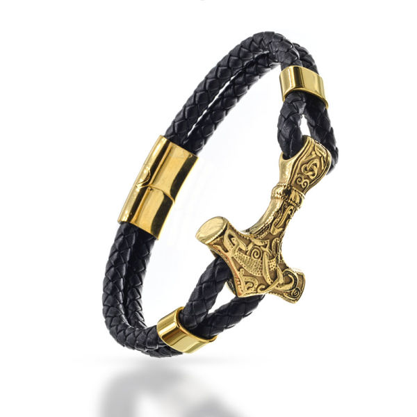 Leather bracelet with stainless steel clasp - Hammer of Thor god of thunder PVD-Gold