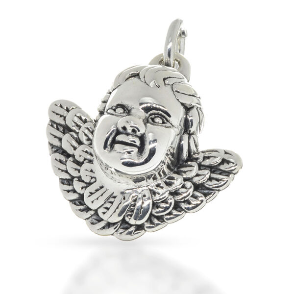 925 Sterling Silver Pendant – Cherub Head with Broad Feather Frame