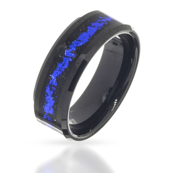 Tungsten ring - PVD black with blue stripe