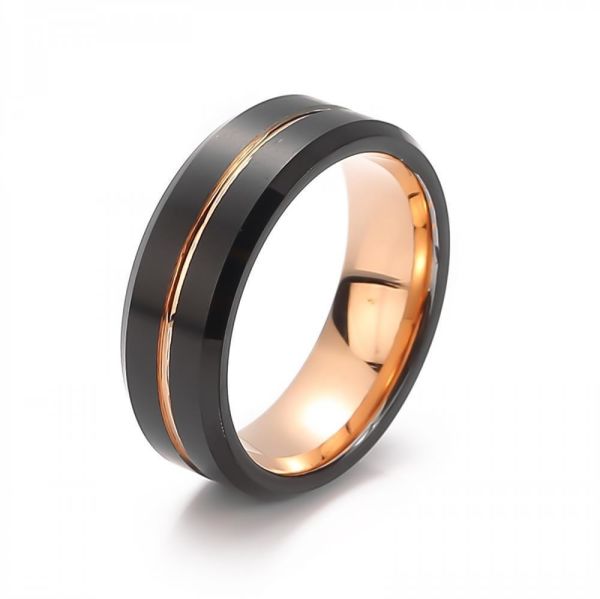 Tungsten ring - PVD black with indentation in PVD rose gold - partially domed - 8mm 54 (17,2 Ø) 6,8 US