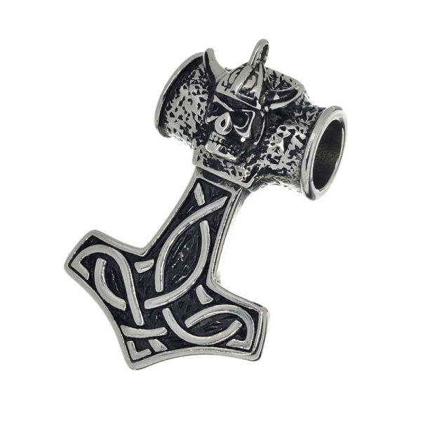 Stainless steel pendant - Thors hammer & skull with Viking helmet "Fenvu"