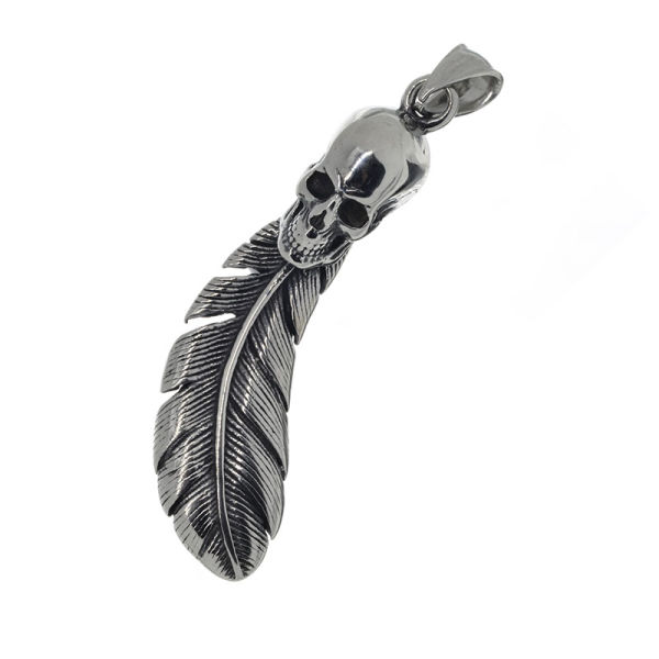 Stainless steel pendant - Feather with skull "Zamus"