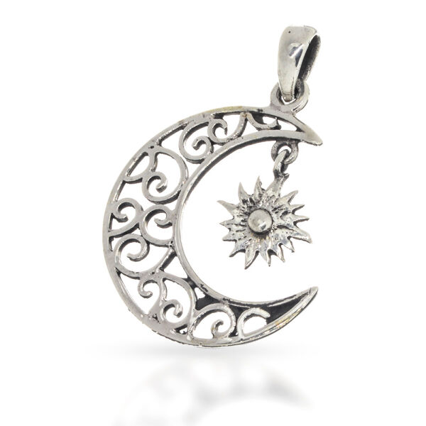 925 Sterling Silver Pendant – Ornamental Moon with Moving Radiant Star