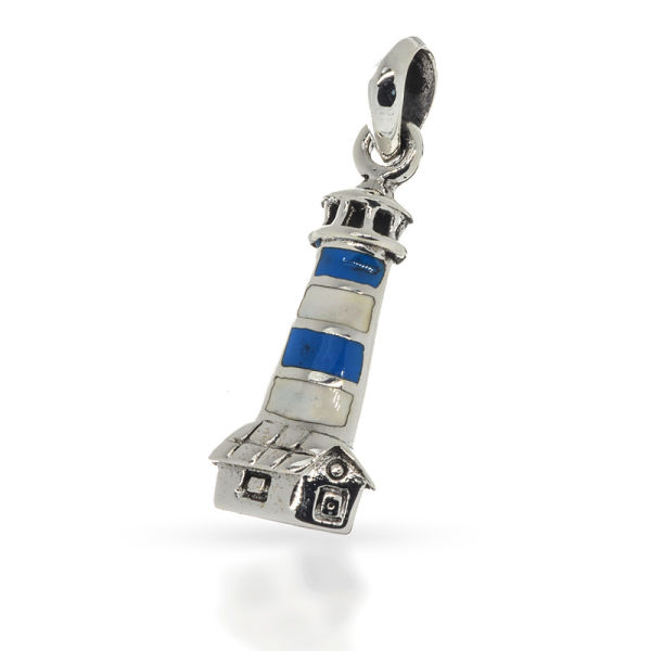 925 Sterling Silber Anhänger - Leuchtturm "Herkulesturm" weiß - hellblau